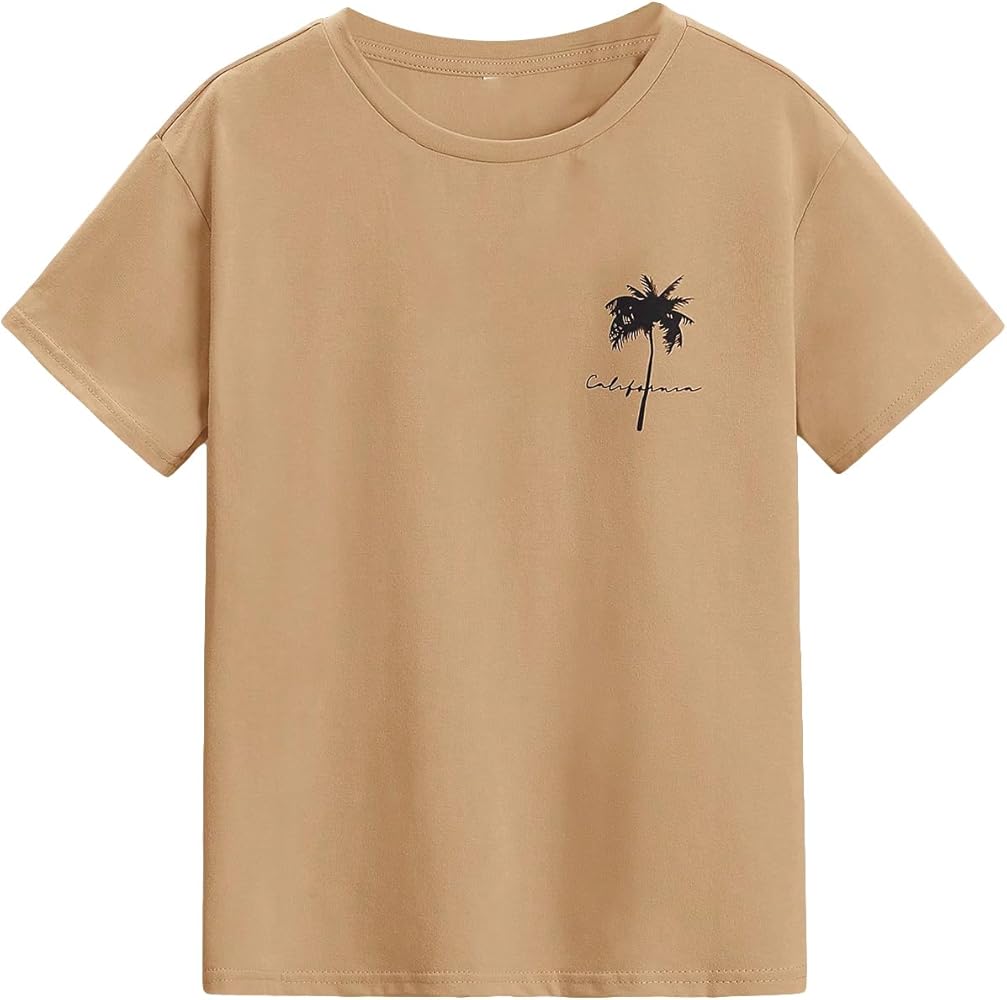 COZYEASE Boys' Graphic Tee Casual Short Sleeve Crew Neck T Shirt Summer Tee Tops Khaki 10 Years-CEHGJ20240626