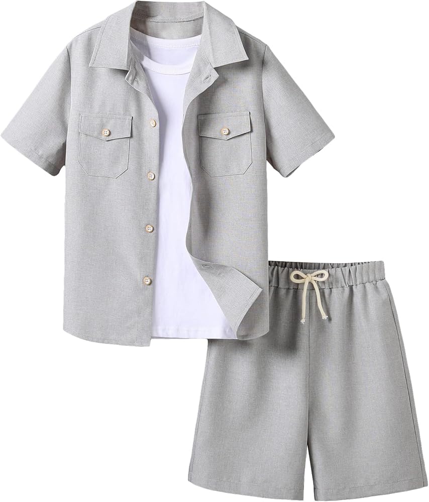 Verdusa Boy's Pocket Front Short Sleeve Shirt and Shorts Set Casual 2 Piece Outfits