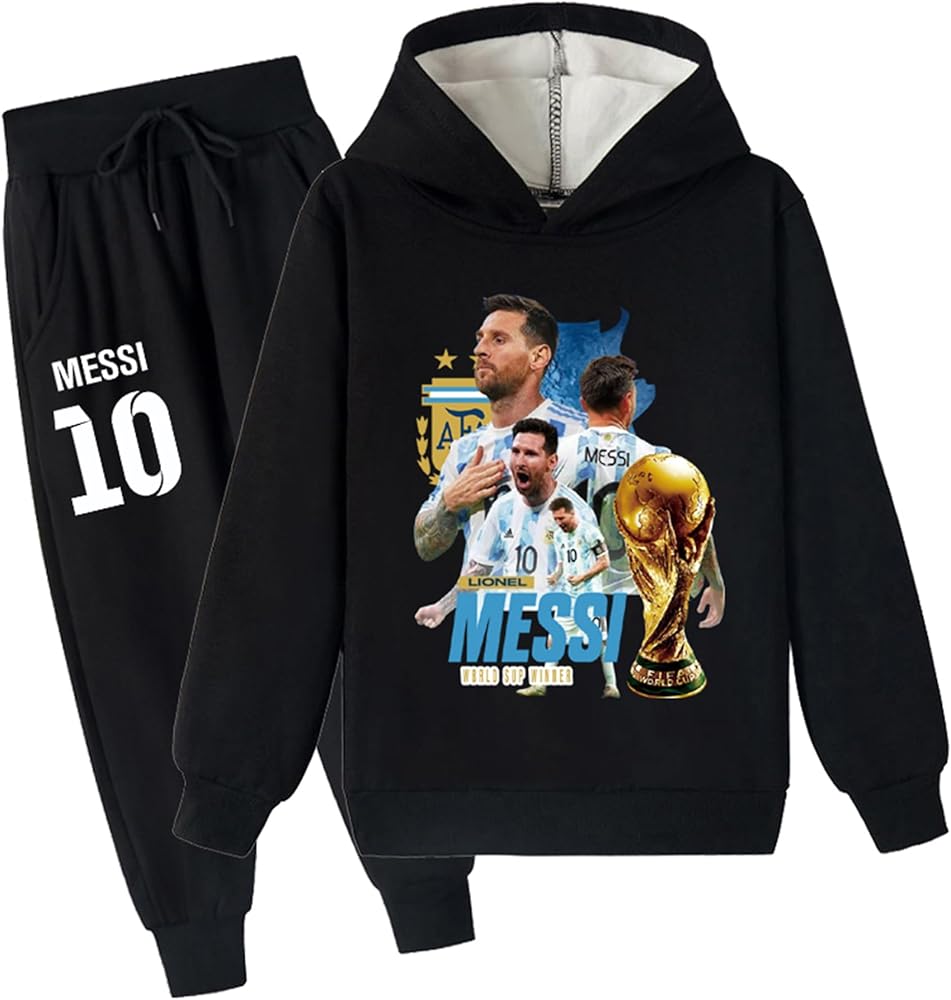 PaPama Kids Graphic Long Sleeve Pullover Hoodie and Sweatpants Set,Brushed Sweatsuit Lionel Messi Hooded Set for Boys