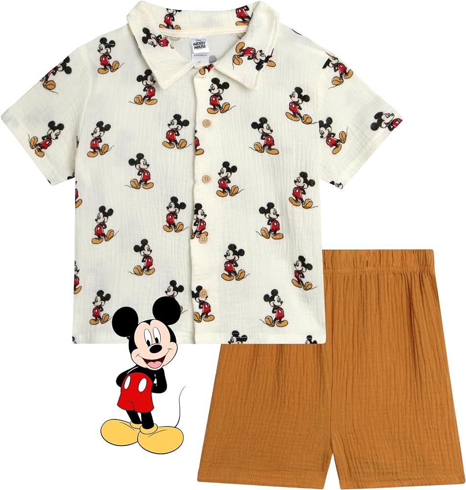 Disney Toddler Boys' Shorts Set - Short Sleeve Button Down Shirt and Shorts: Mickey Mouse, Lilo & Stitch, Lion King (2T-7)