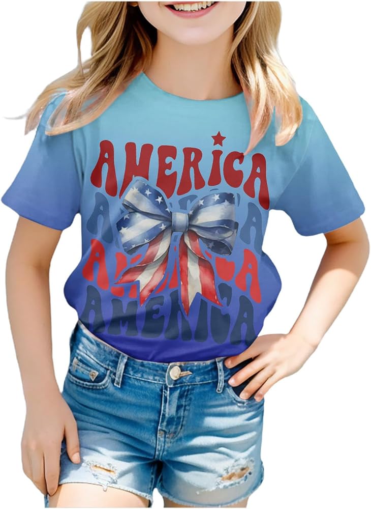 Toddler Girls Boys 4th of July T-Shirt Stars Striped Funny T-Shirt Casual Short Sleeve Crew Neck Memorial Day Tees Tops 4-10 Years,American Flag Shirt Toddler Boy,Fourth of July Toddler Boy Shirt