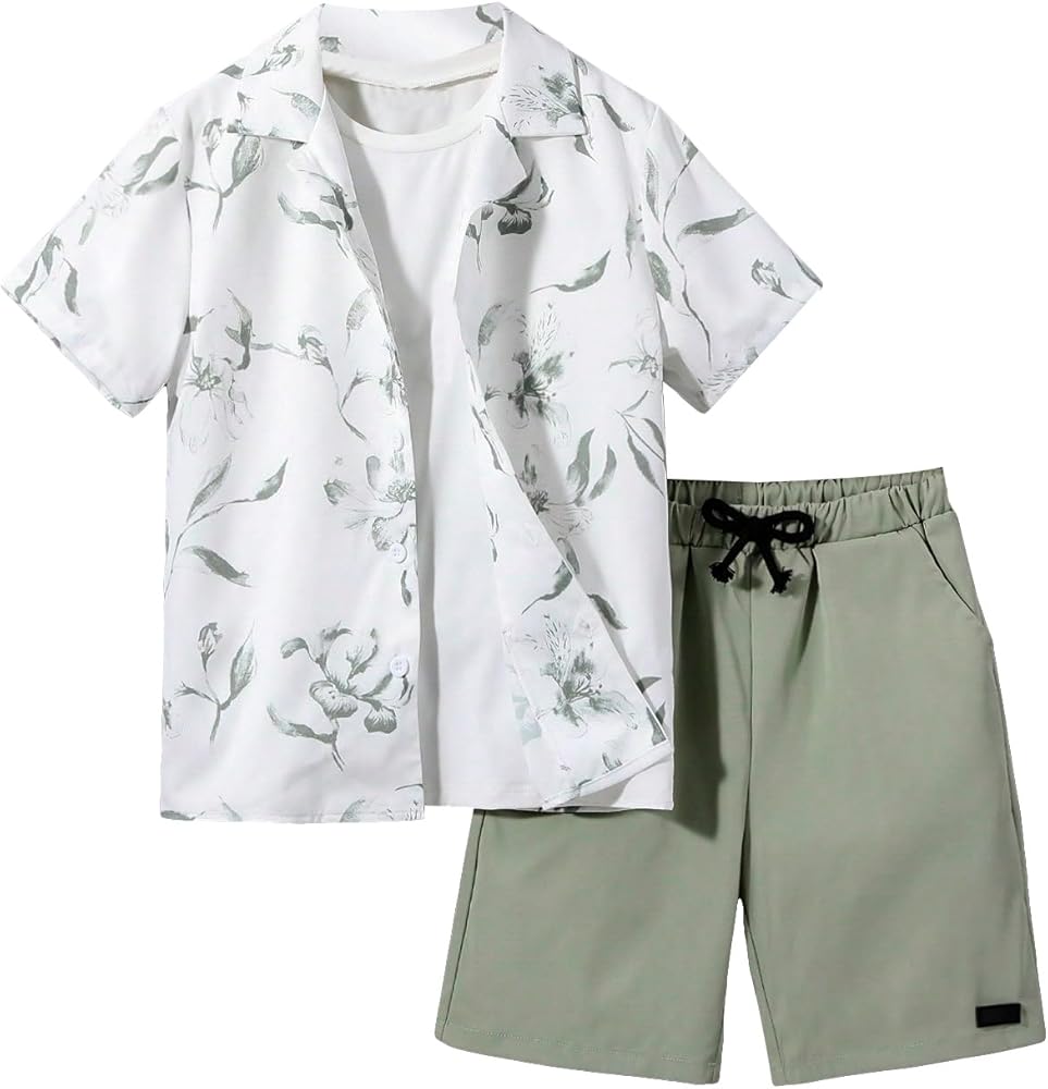 OYOANGLE Boy's 2 Piece Outfits Hawaii Vacation Paisley Print Button Down Shirt and Shorts Set