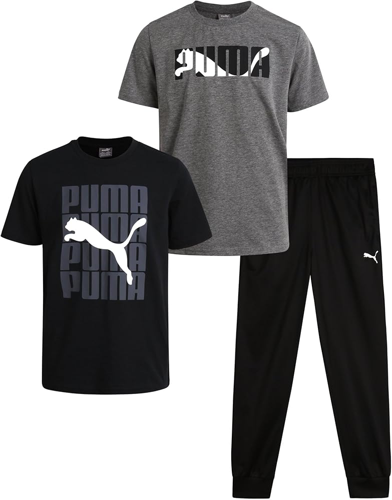 PUMA Boys' Pants Set - 3 Piece Tricot Jogger Pants and T-Shirt Set - Boys Activewear Set (4-16)