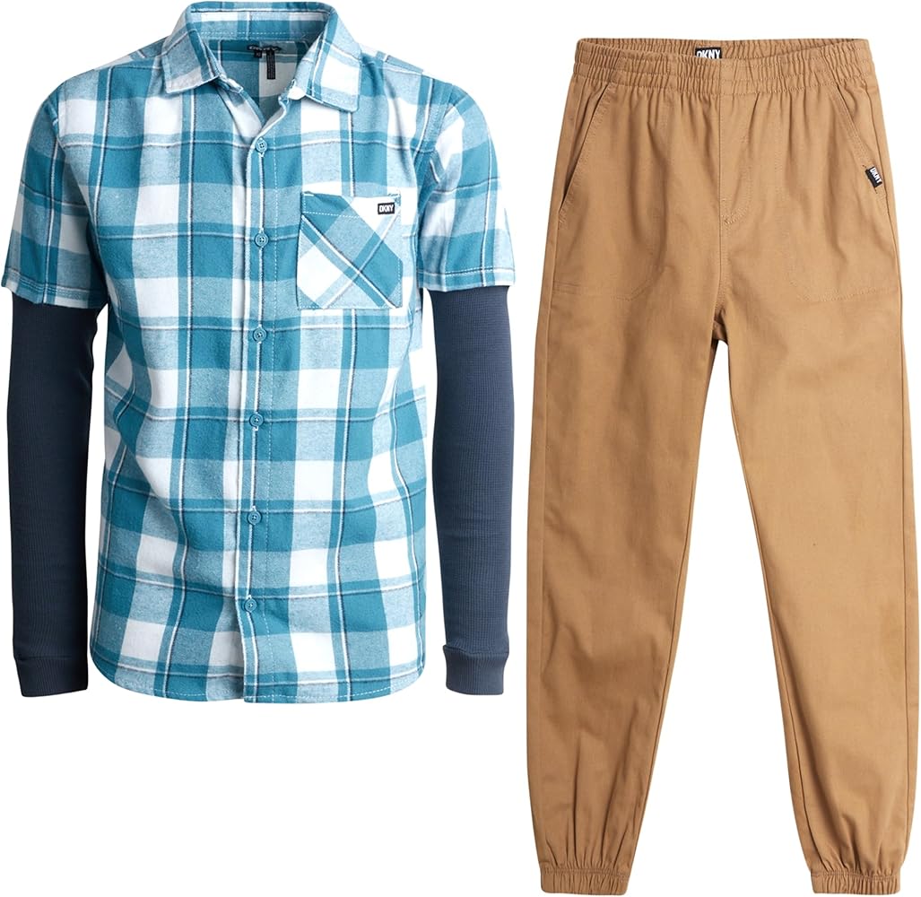 DKNY Boys’ Jogger Pants Set - 2 Piece Layered Plaid Flannel Button Down Shirt and Khaki Jogger Pants (4-12)