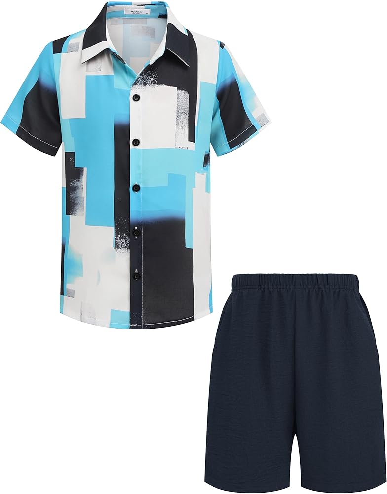 Arshiner Boys 2 Piece Outfits Hawaiian Shorts Sets Button Down Shirt and Shorts Summer Beach Clothes for 4~12 Years