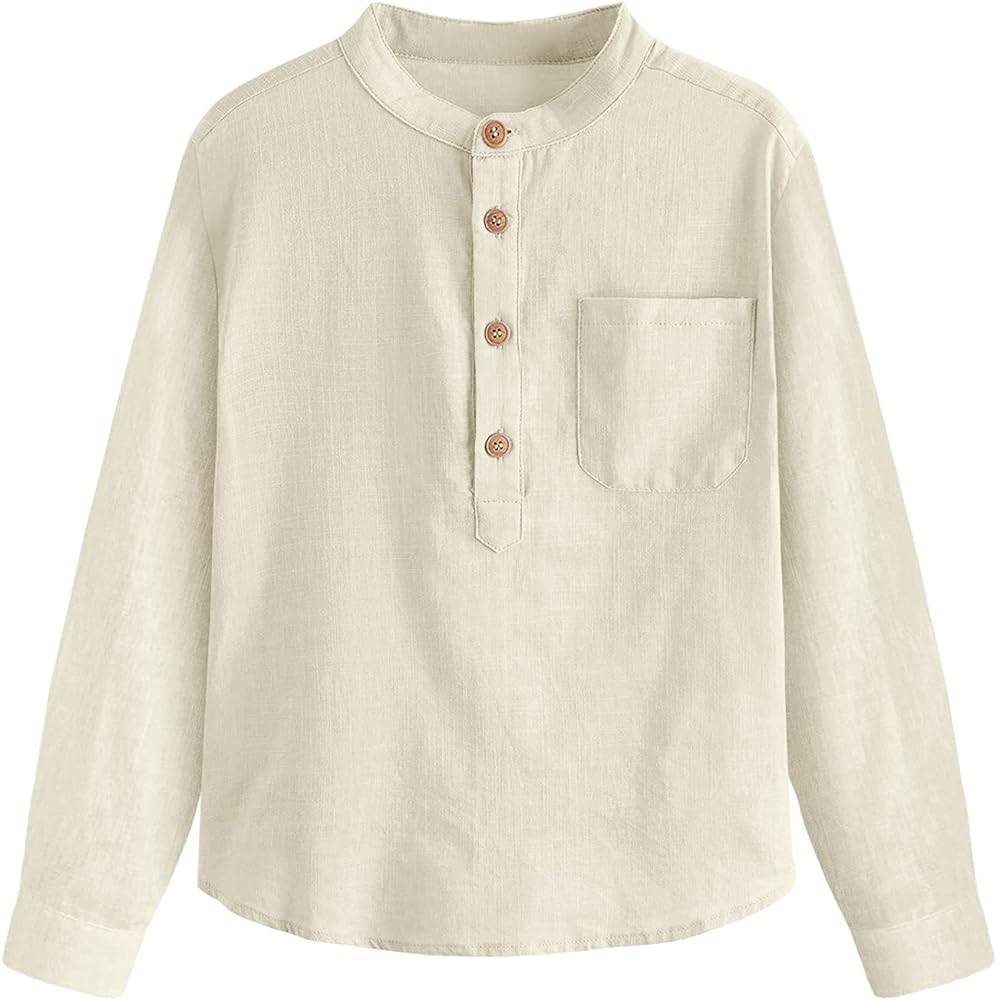 Inorin Boys Linen Shirt Button Up Henley Long Sleeve Dress Shirts Cotton Lightweight Tees Tops with One Pocket