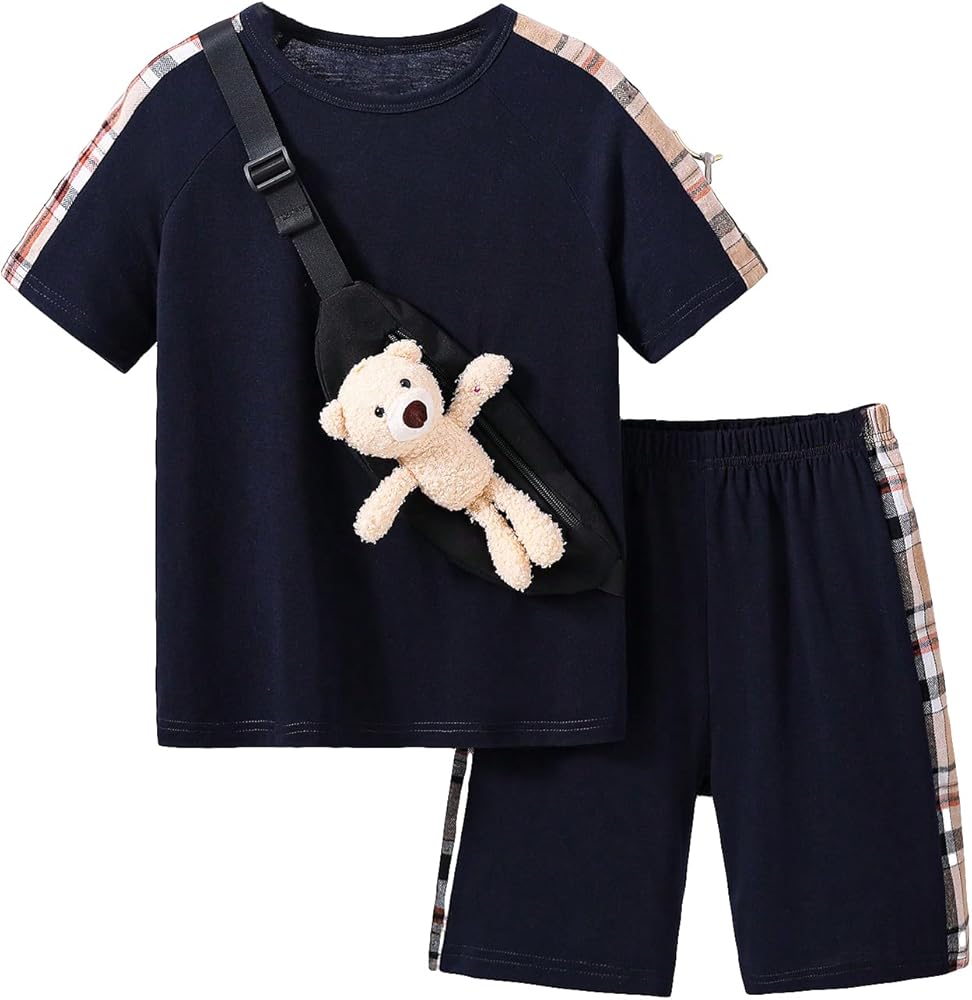 OYOANGLE Boy's 3 Piece Outfits Plaid Side Short Sleeve Tee Shirt and Elastic Waist Shorts with Bag Set