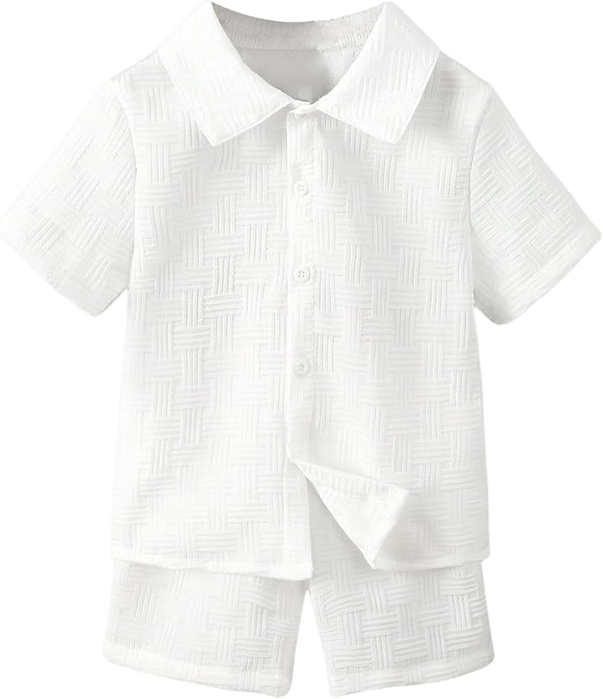 Boy's 2 Piece Outfits Short Sleeve Collar Button Down Shirts and Shorts Set Vacation Outfits