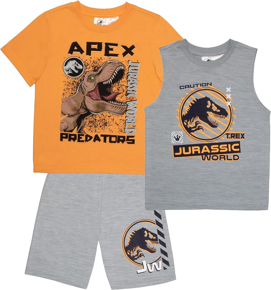 Jurassic World Universal Studios Boys T-Rex Dinosaur Logo Short Sleeve T-Shirt, Tank Top and Mesh 3-Piece Shorts Set