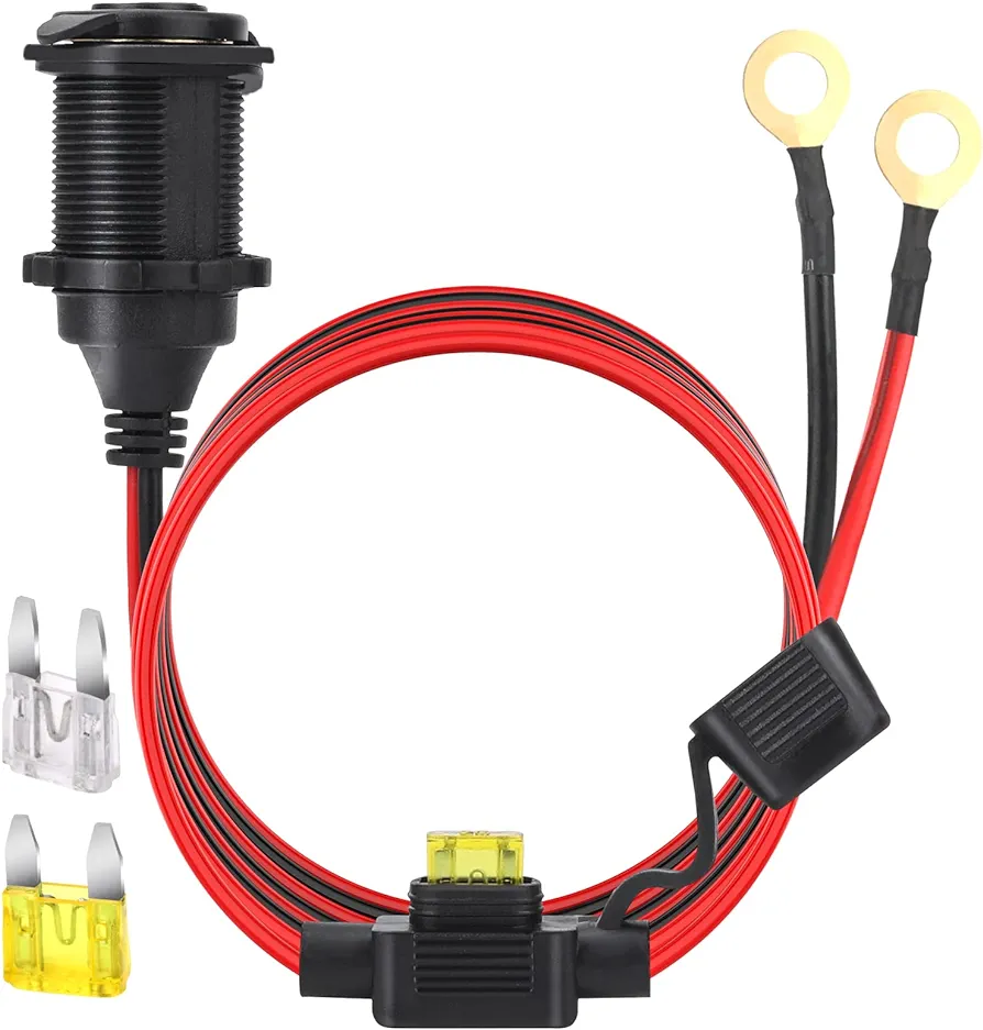 4FT 12V/24V Fixed Thread Cigarette Lighter Socket Extension Cable with Perforated Terminal Direct Battery Type car Cigarette Lighter Adapter 2.5mm² Heavy Duty Cable 20A (Free Two Blade fuses）