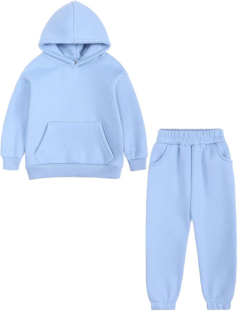 Youth 2Pcs Brushed Fleece Sweatsuit Hooded Pullover Tracksuit Kids Boys Girls Sweatshirt + Pants Outfits Set