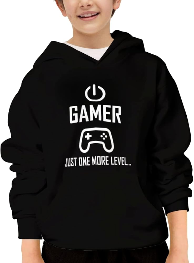 Funny Gamer One More Level Gaming Controller Unisex Youth Hooded Sweatshirt Cute Kids Hoodies Pullover for Teens