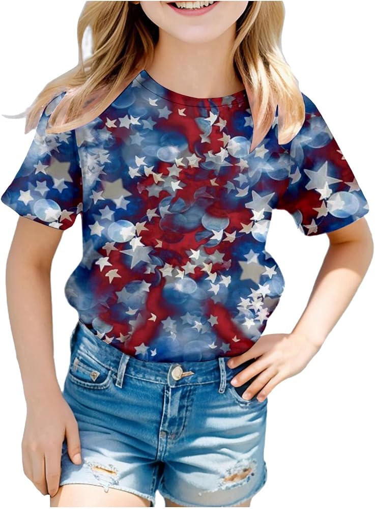 4th of July Outfits for Girls Boys 3D Graphic Printed Funny T-Shirt Cute Short Sleeve Crew Neck Independence Day Tops Tees 3-10 Years,4Th of July Shirt Kids,4Th July Shirts for Boys Sky Blue