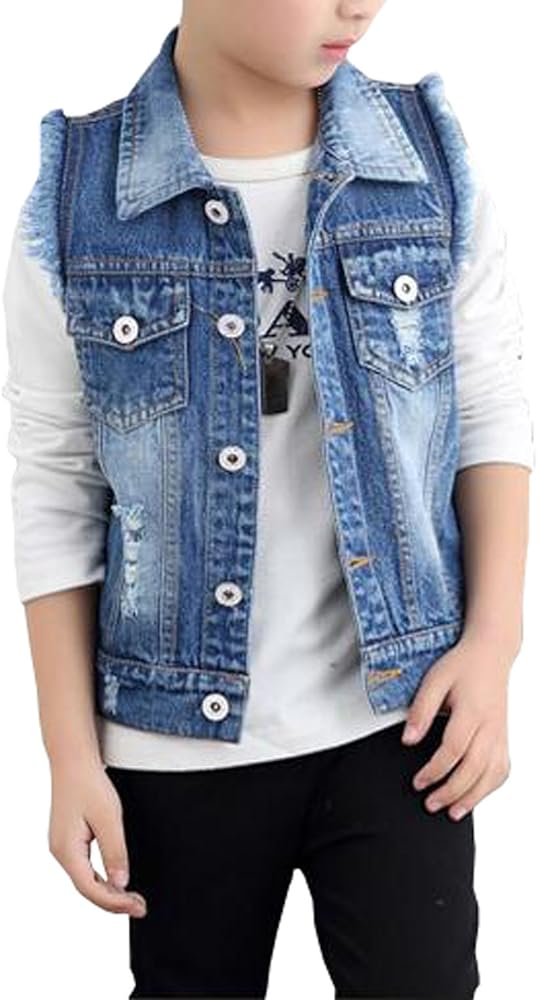 MYtodo Child Jacket Boy Sleeveless Vest Jeans Broken Hole Waistcoat