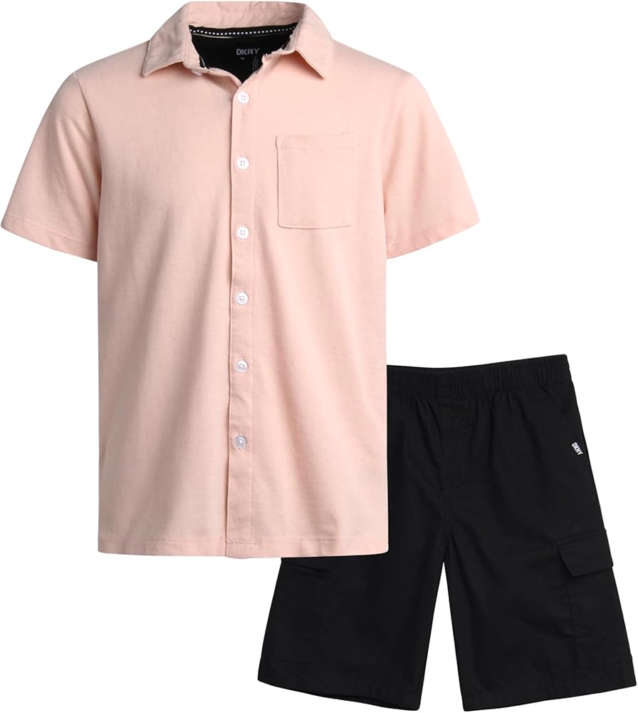 DKNY Boys' Shorts Set - 2 Piece Short Sleeve Button Down Shirt and Shorts - Casual Summer Outfit for Boys (8-12)