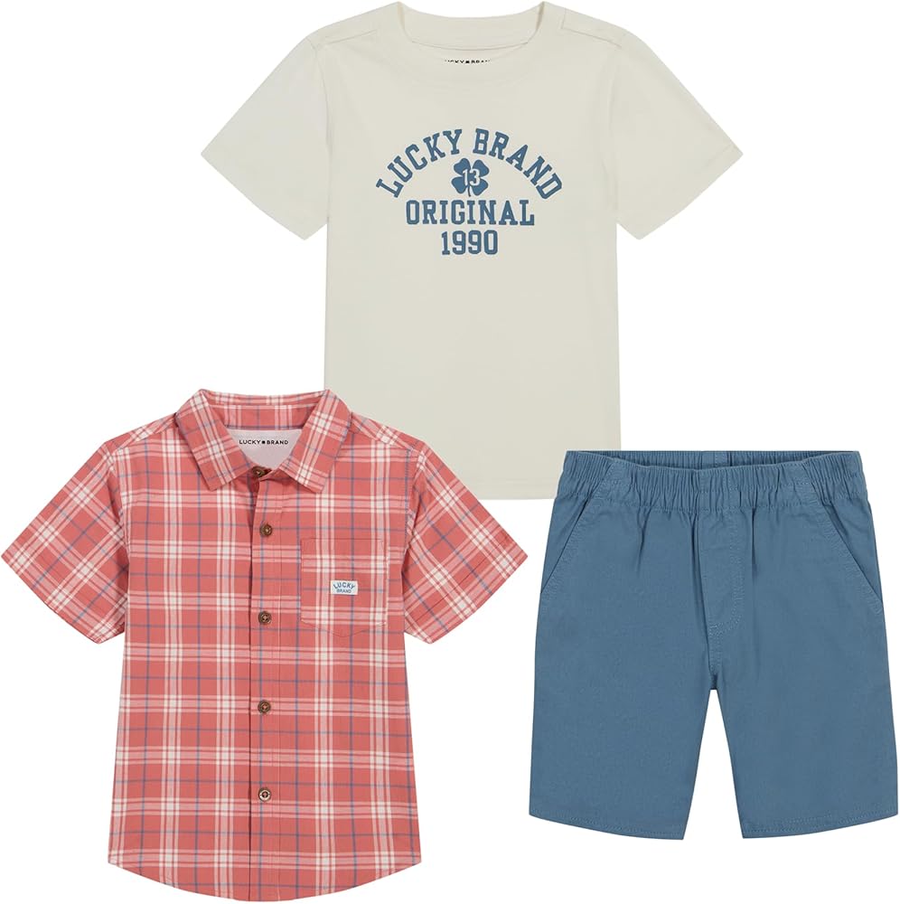 Lucky Brand boys 3 Piece Woven Knit Woven Short Set