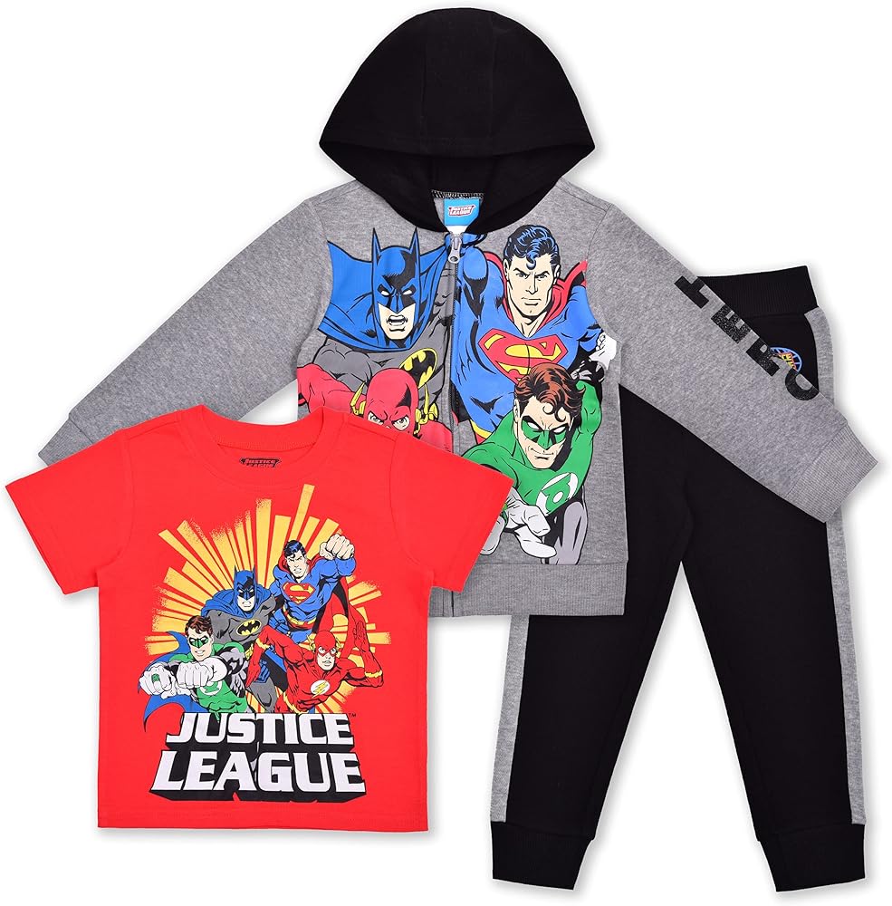 WARNER BROS Justice League Boys Zip Up Hoodie, T-Shirt and Pants Set for Toddler and Little Kids – Red/Grey/Black