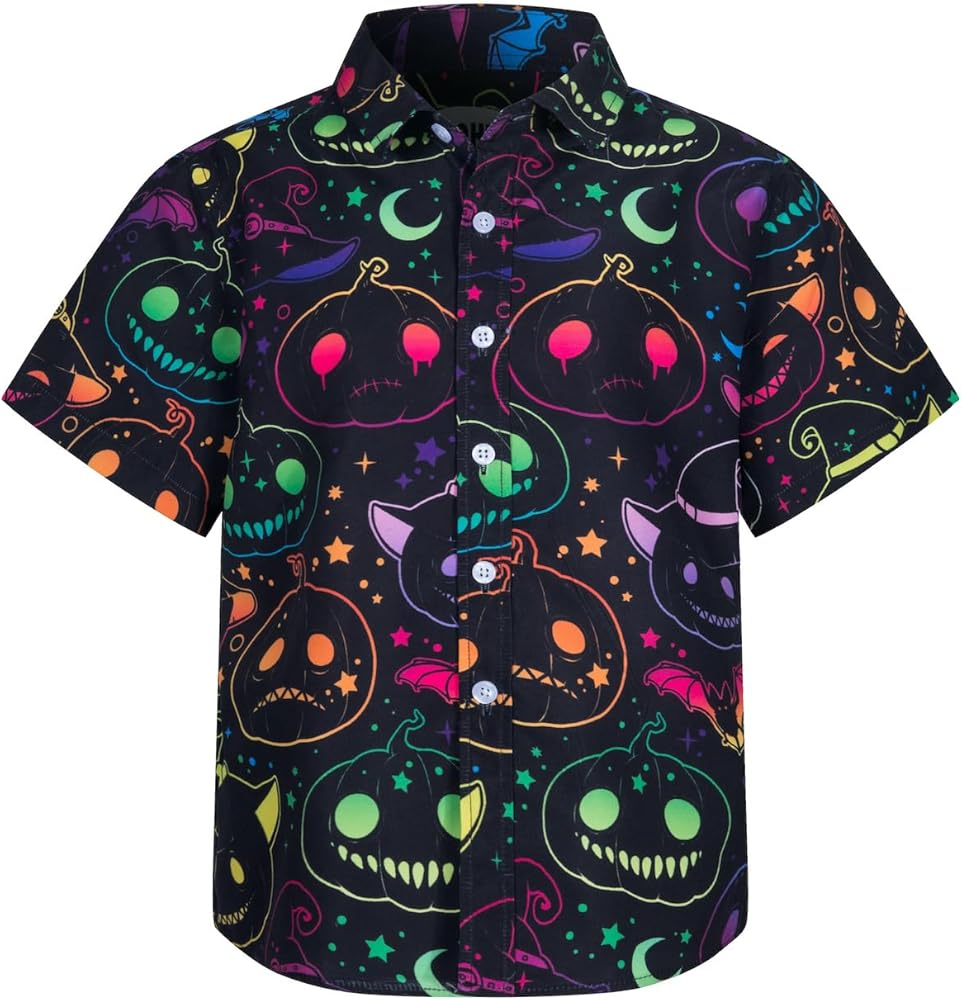 Boys Halloween Shirts Kid Funny Pumpkin Ghost Print Button Up Top Short Sleeve Hawaiian Dress Shirt for 3-14 Years