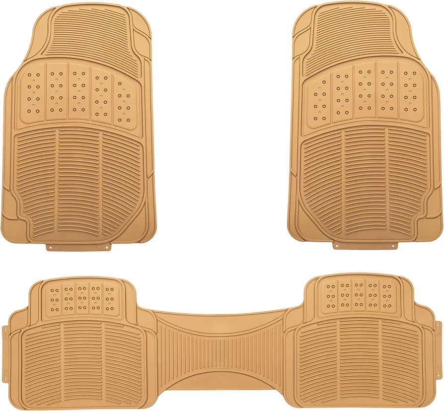 Amazon Basics PVC Faux Rubber All Weather Car Floor Mats Universal, Waterproof Flexible Trim To Fit for 95% Automotive SUV Sedans Trucks, Pack of 3, Solid Beige