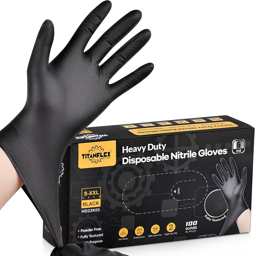 Heavy-Duty Black Disposable Nitrile Gloves, Box of 100, 6-mil, Fully Textured, Powder-Free, Latex-Free, Non-Sterile