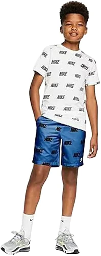 Nike Allover Corporate Print Woven Boys Active Shorts Size S, Color: Blue/Black-Blue