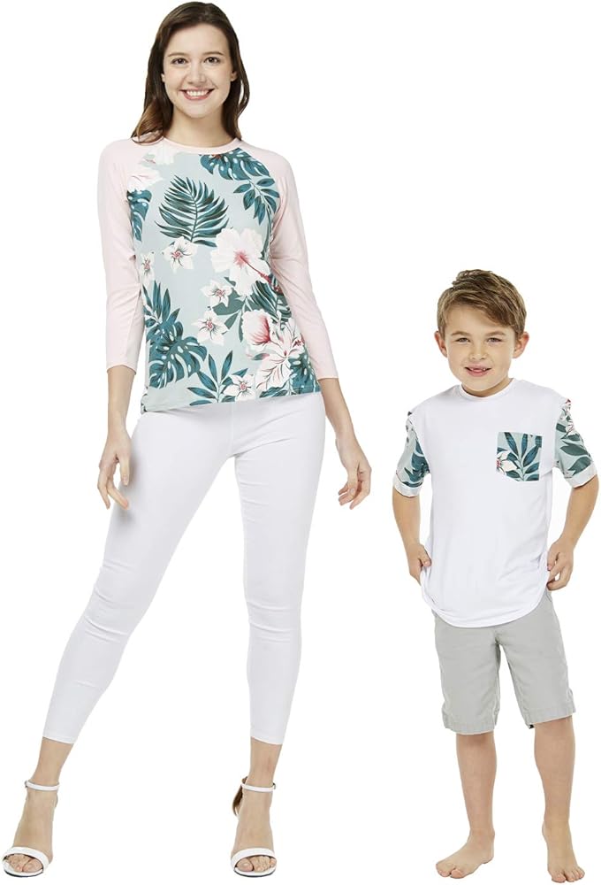 Matching Hawaiian Luau Mother Son 3/4 Sleeve Top and Boy Hawaiian Tshirt in Mint Forest