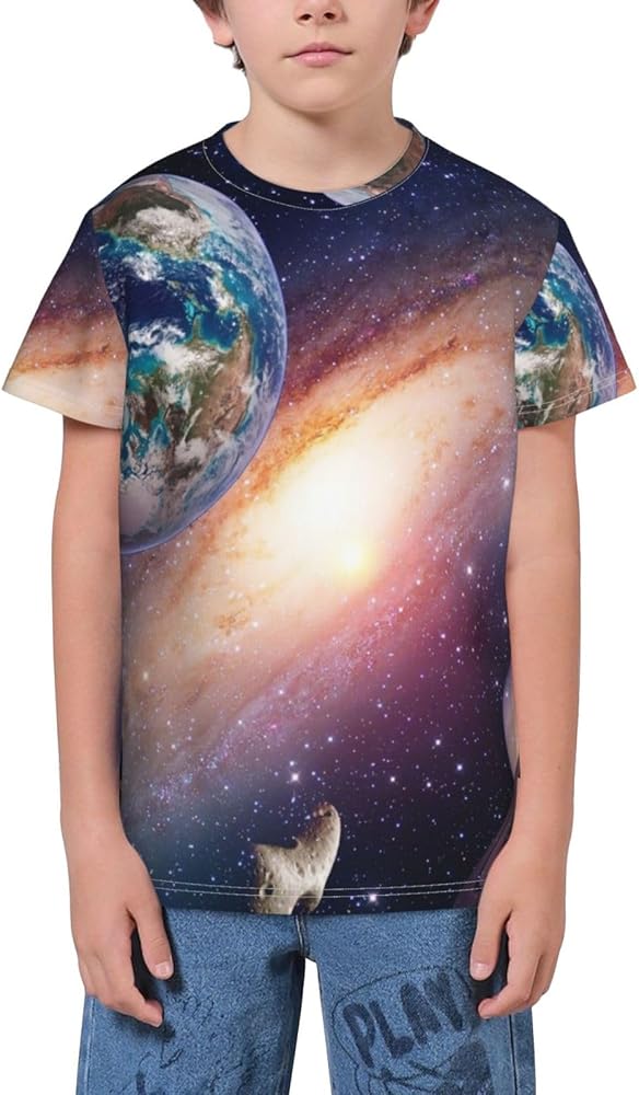 Space Planet Galaxy Earth Mars Teen Boys Short Sleeve Crew Neck T-Shirt Casual Tee Tops for Youth Kids