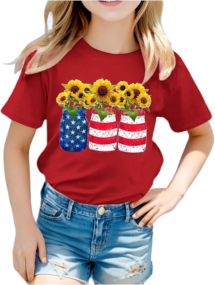 Boys Girls 4th of July Toddler Tees Red White Blue Funny T-Shirt Casual Short Sleeve Crew Neck Independence Day Tops Tees 3-10 Years,4Th of July Shirt Kids,4Th July Shirts for Boys