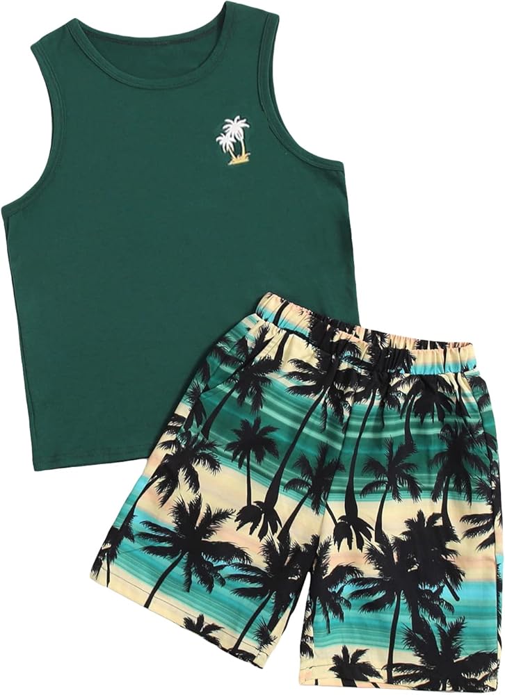 Floerns Boys Boho Sleeveless Tank Top Tropical Print Shorts Set 2 Piece Outfit