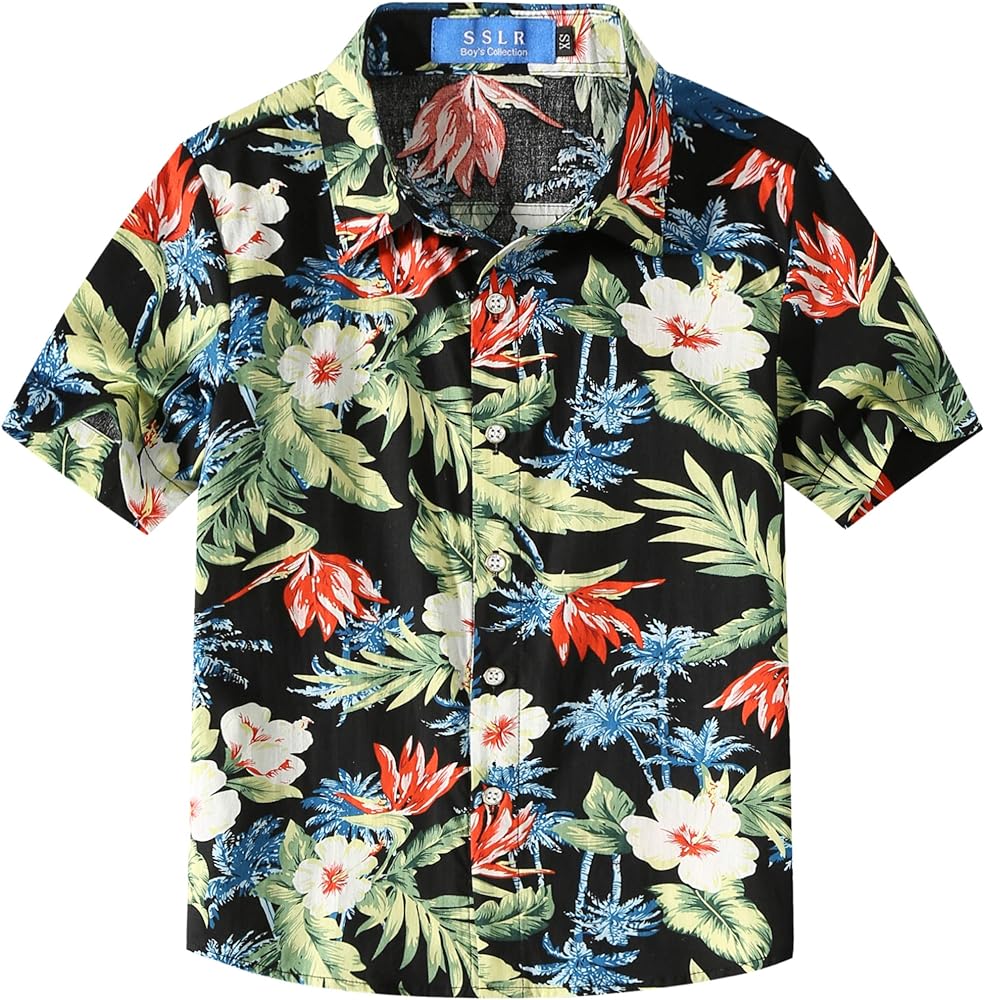 SSLR Big Boys Hawaiian Shirt Cotton Casual Short Sleeve Button Up Shirts