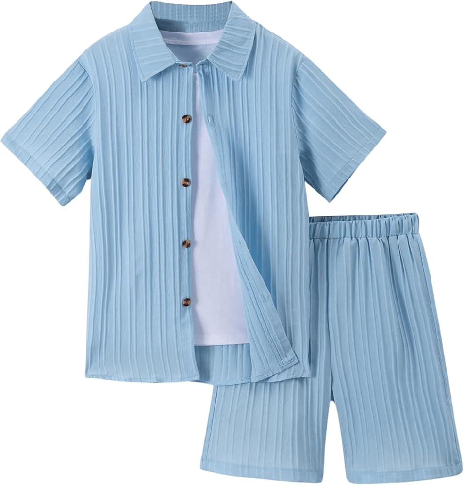 Verdusa Boy's Two Piece Casual Outfits Button Down Textured Short Sleeve Shirt and Short Set