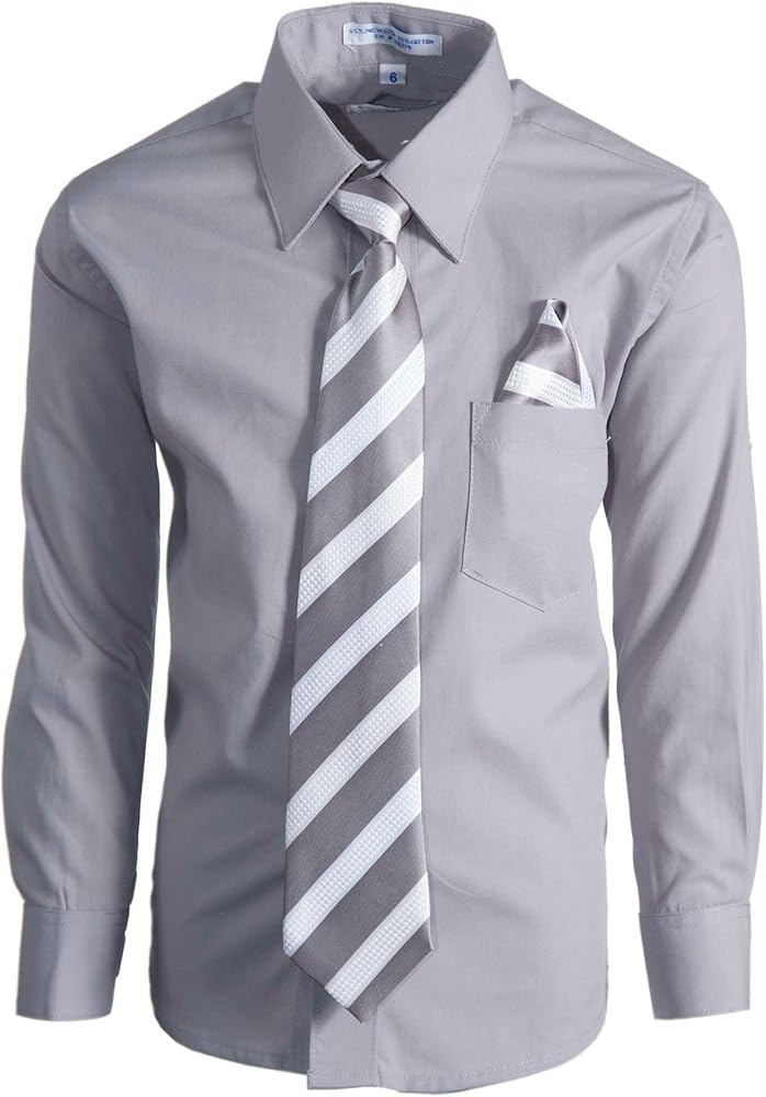 Tuxgear Boys Long Sleeve Button Up Dress Shirt with Necktie and Pocket Square