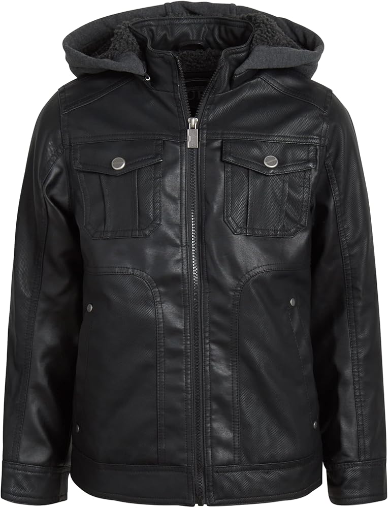 URBAN REPUBLIC Boys’ Jacket – Faux Leather Biker Jacket – Casual Sherpa Lined Moto Jacket with Sweatshirt Hood (4-20)