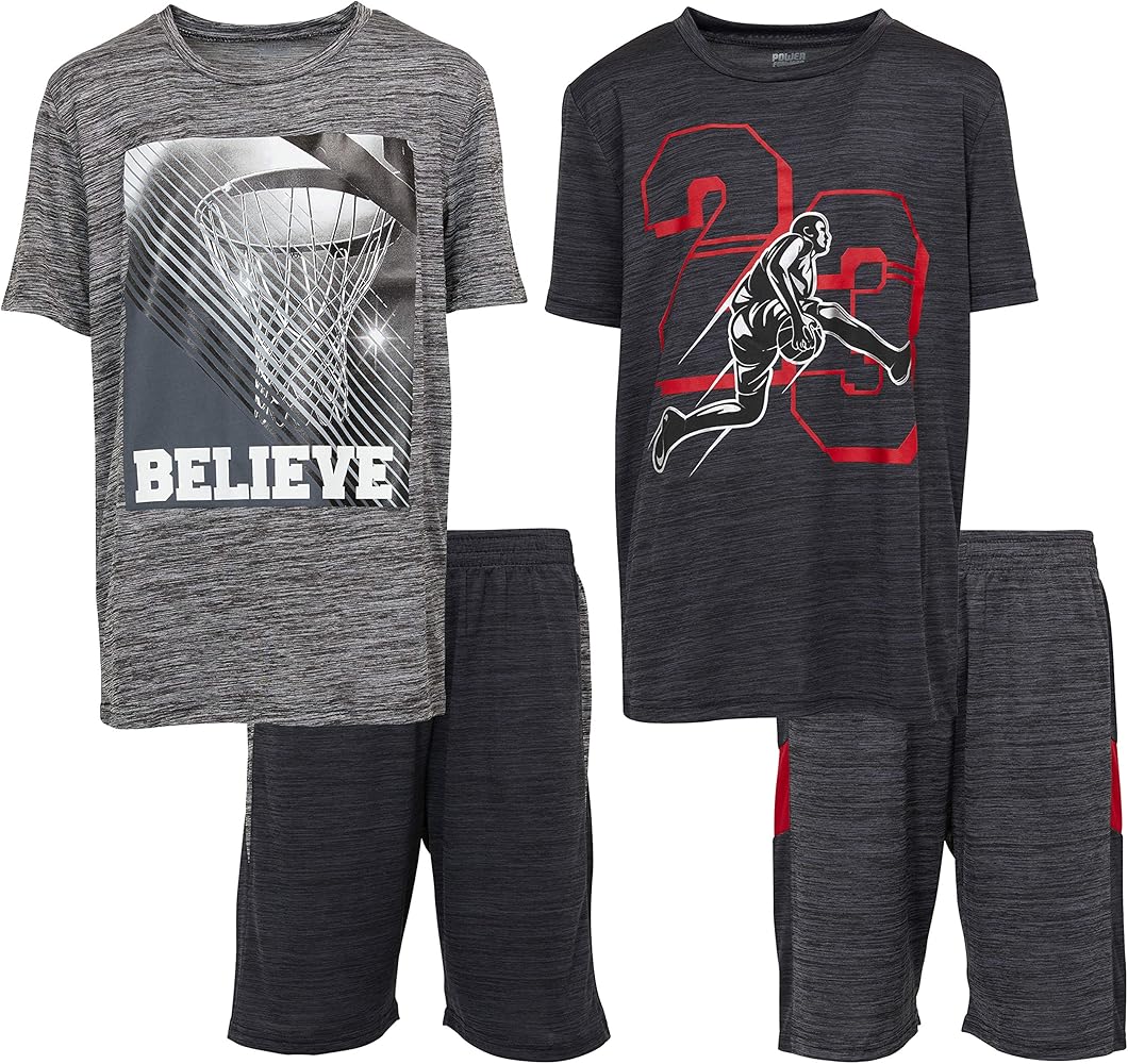 Boys Youth Big Kids Athletic Active Performance Sports 4 Piece Graphic T-Shirt Top and Basketball Short Set