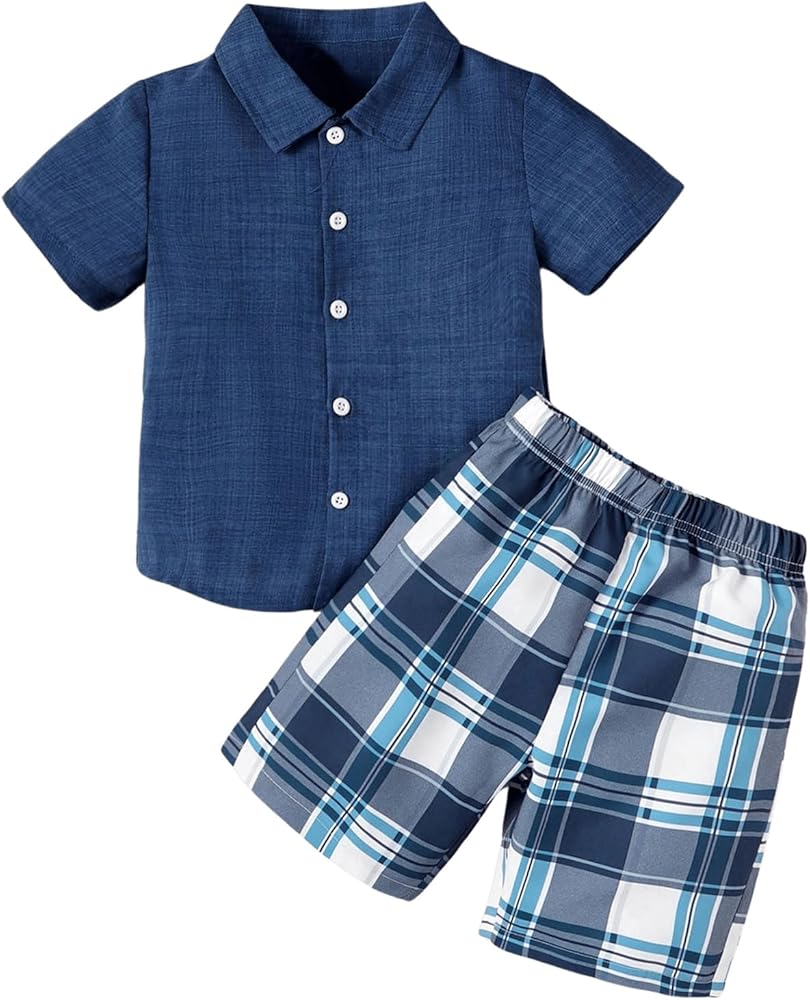 Boy's 2 Piece Outfits Short Sleeve Button Down Collar Shirts Tops and Plaid Elastic Waist Shorts Sets