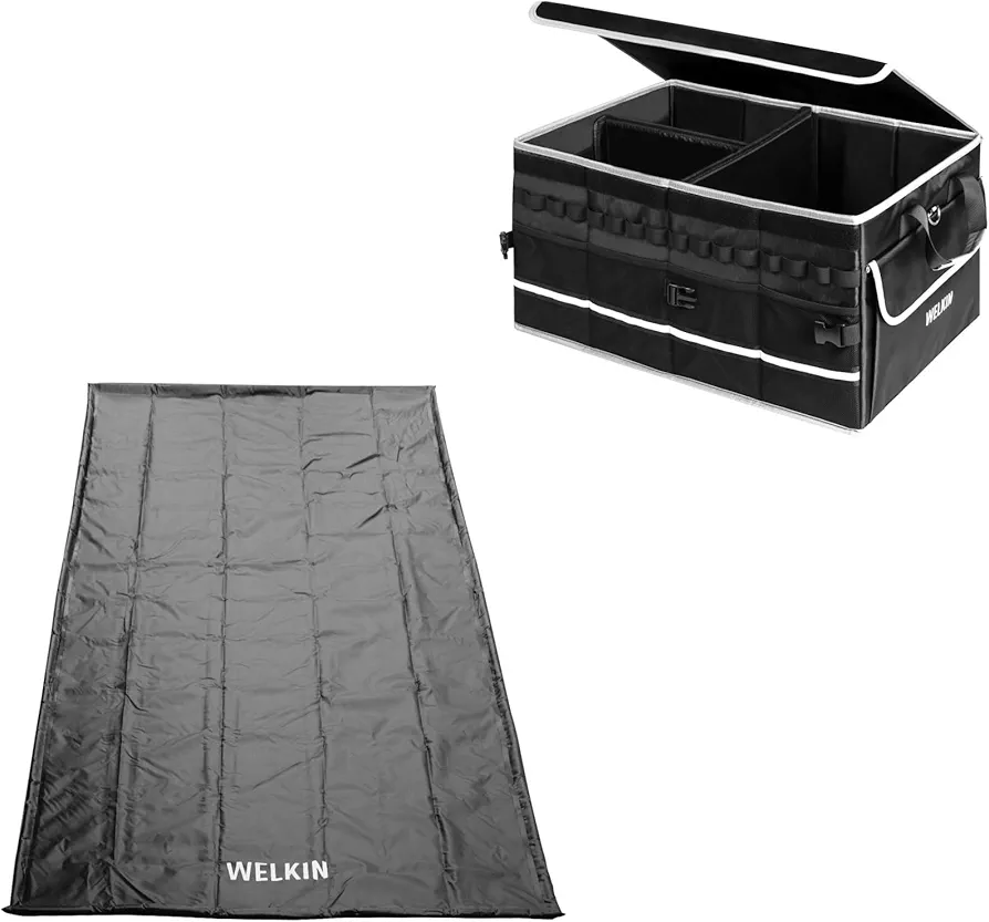 WELKIN Car Accessories Kit - 1 x Non-Slip Heavy Duty Waterproof Protection Garage Floor Mat (8'6" x 20'), 1 x 60L Car Trunk Collapsible Organizer