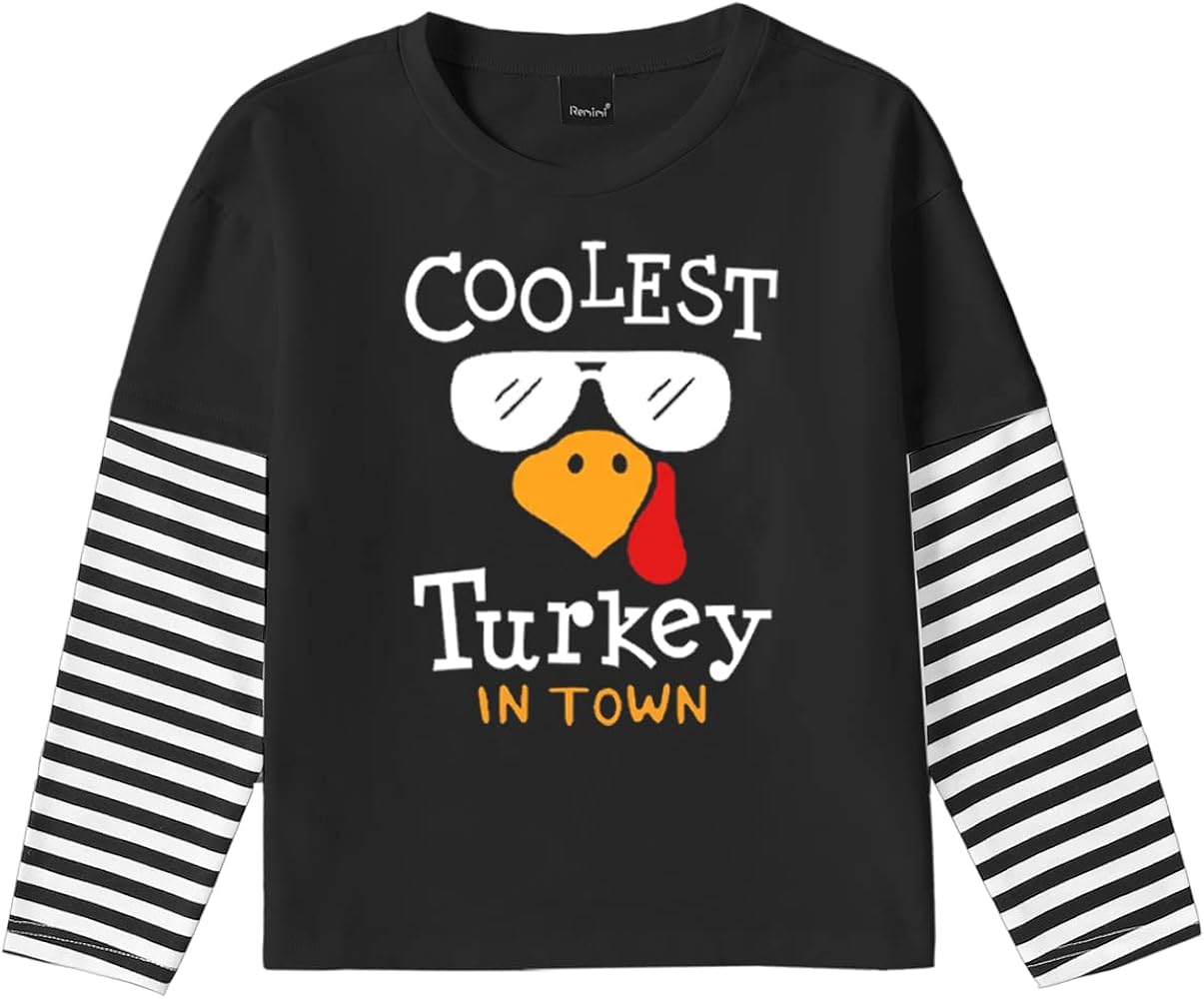 Boys Thanksgiving Coolest Turkey Shirt Kids Girls Stripe Patchwork Long Sleeve Tee Top Black 9-10 Years