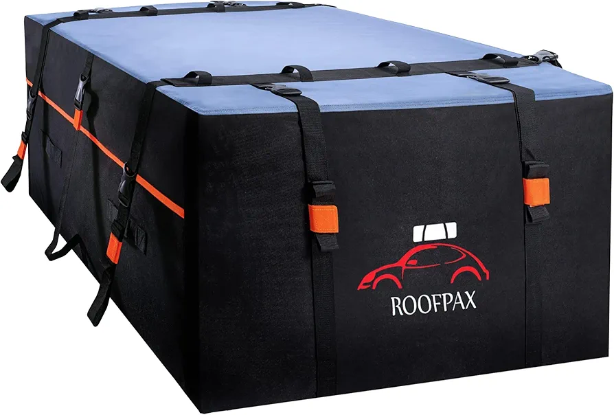 RoofPax 23 cft. Extra Waterproof Rooftop Cargo Carrier Bag, Double Weatherproof Zippers, Integrated Mat, 10 Heavy-Duty Tie-Down Straps fit Cars with/Without a Rack or Side Rails, Safety Hooks Included