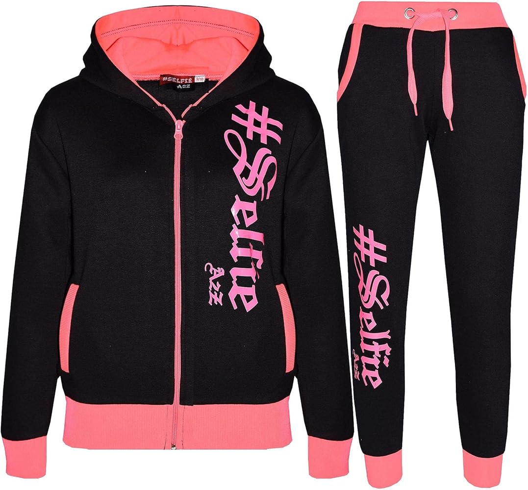 A2Z 4 Kids #SELFIE Black and Neon Pink Tracksuit Hoodie with Jogger Sweatpants Sports Casual Activewear Set Girls Boys 5-13