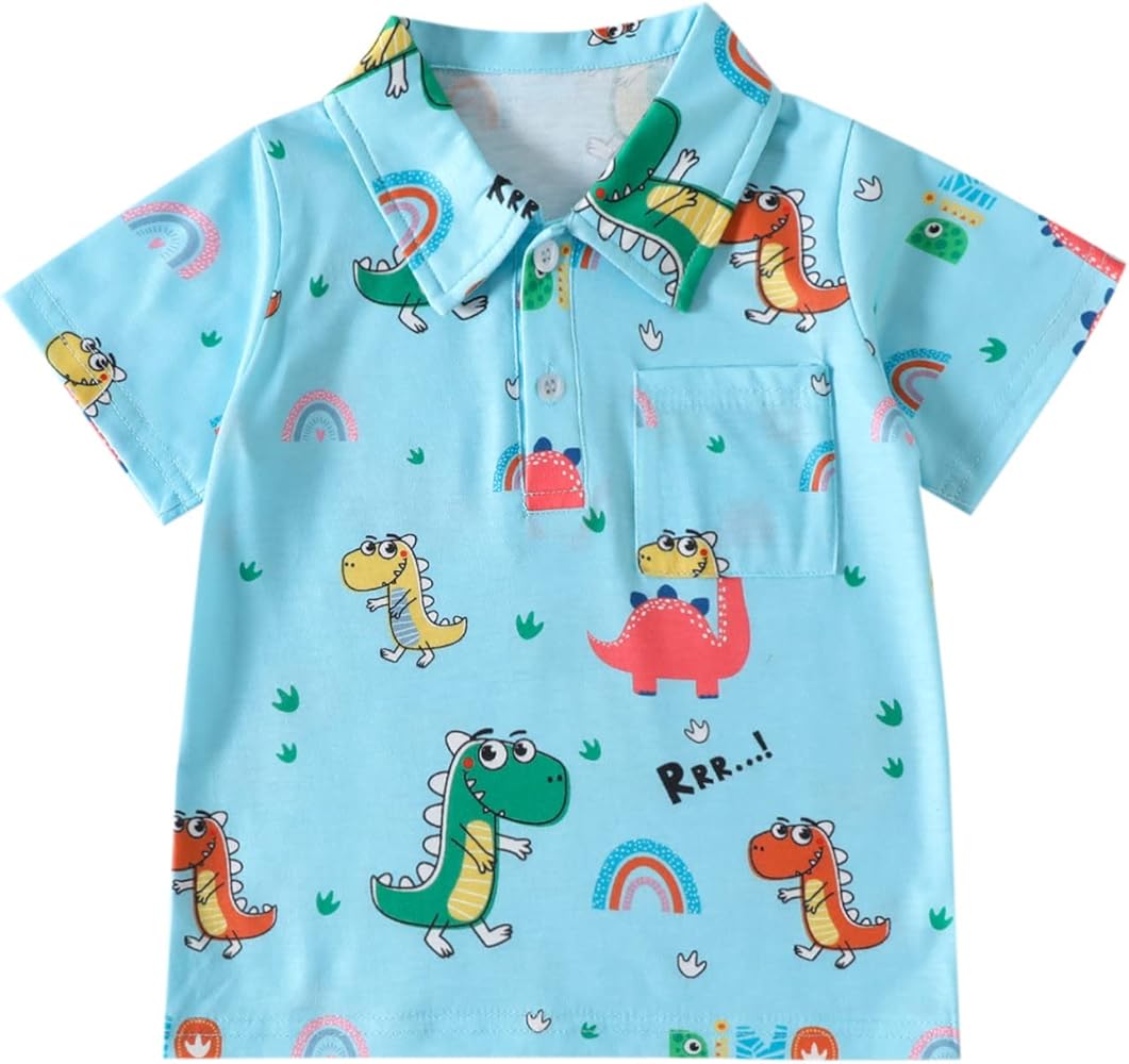 Toddler Boys T-Shirt Short Sleeve Lapel Cartoon Dinosaur Prints Gentleman Blue Button T Shirt Tops with Pocket