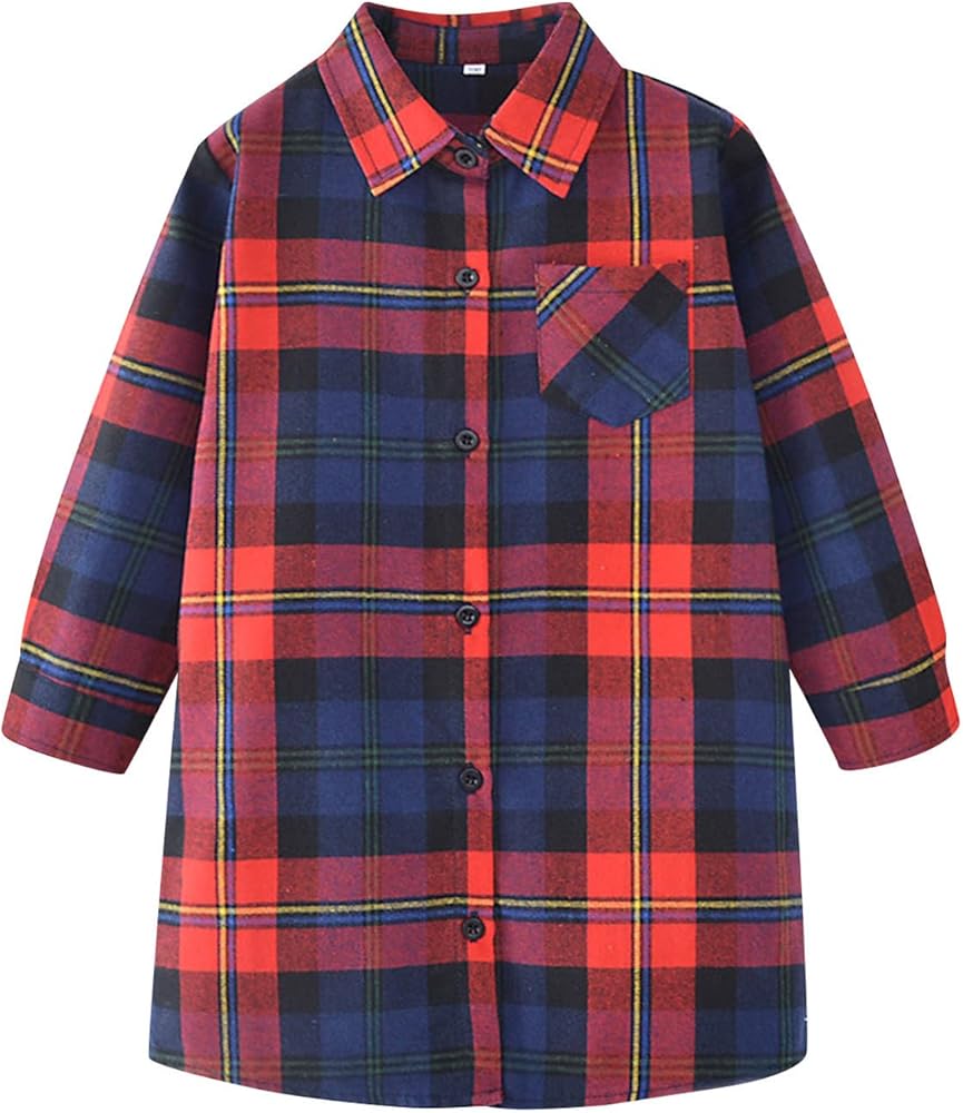 Girls Toddler Plaid Pleated Dress Button Down Plaid Flannel Shirts Long Sleeve Casual Dress Toddler