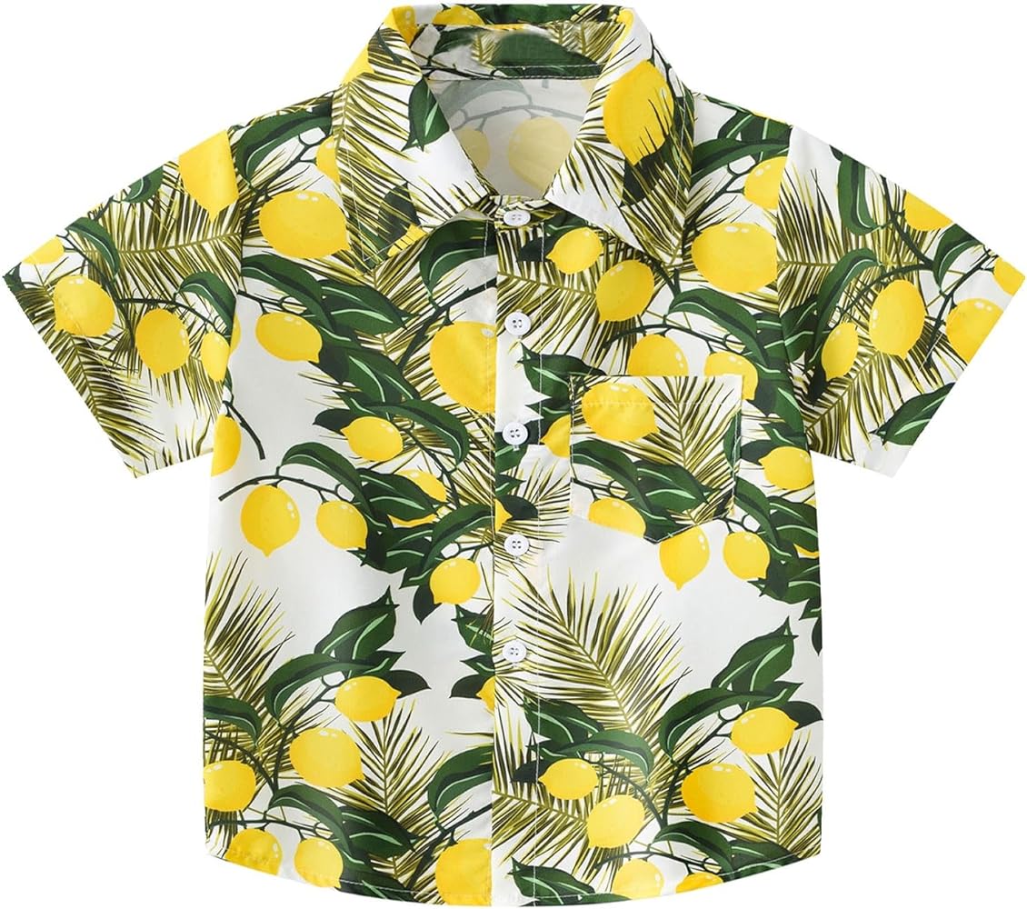 Toddler Boys Short Sleeve Summer Casual Cartoon Prints Gentleman Tops Hawaii Beach Holiday Floral Shirts T Shirt