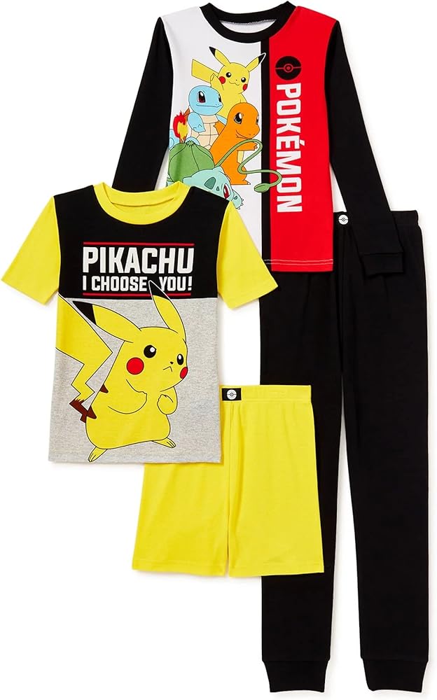 Pokemon Boys Pikachu Pajamas Set - 4 Piece Short Sleeve Pajamas - Short Sleeves, Shorts and Pants Pajamas Set