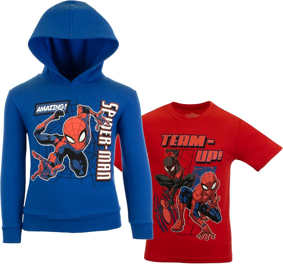 Marvel Spider-Man Avengers Miles Morales Black Panther Hoodie and T-Shirt 2-Pack for Boys, Boys Hooded Sweatshirt and Tee