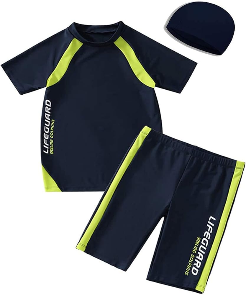 Boys Swimsuits Short Sleeve UPF 50+ Sun Protection Rash Guard with Hat 2 Piece Kids Bathing Suit 4-14 Years