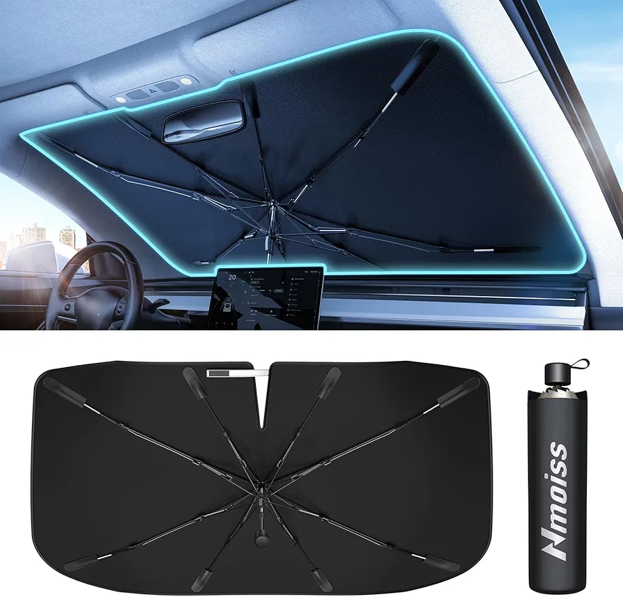 [2024 Upgrade] Nmoiss Windshield Sunshade Umbrella Car - [Newest Vinyl Coating] Protect Car from Sun Rays & Heat Damage Keep Cool and Protect Interior Small (52" L x 31" W)