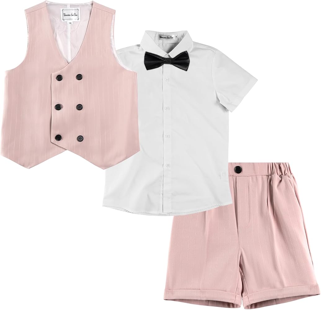 LOLANTA Summer Boys Suit, 4Pcs Kids Waistcoat Tuxedo Wedding Ring Bearer Outfit, Dress Clothes Shirt Vest Shorts Bow Tie