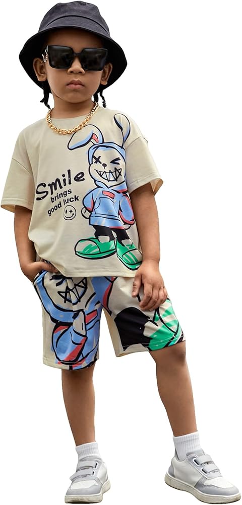 Floerns Boys Two Piece Outfit Graphic Print Tee Shirt with Track Shorts Set