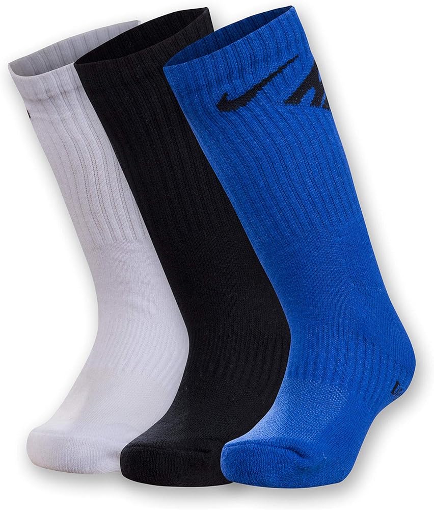 Nike Boy`s Performance Cushioned Dri FIT Crew Socks 3 Pack (Game Royal, 5-7 (10 Toddler-3 Little Kid))