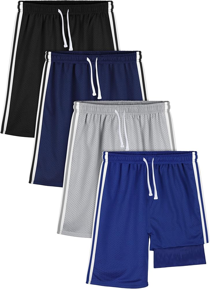 4 Pack Double Lined Boys Athletic Shorts Basketball Shorts Boys Shorts 2 in 1 Mesh Quick Dry Shorts for Summer